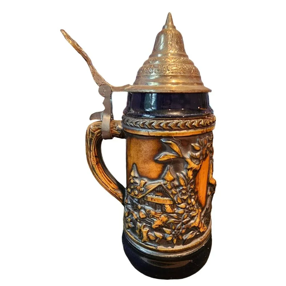 Gerz German Beer Stein With Pewter Lid Made In Germany Handpainted Relief Vtg